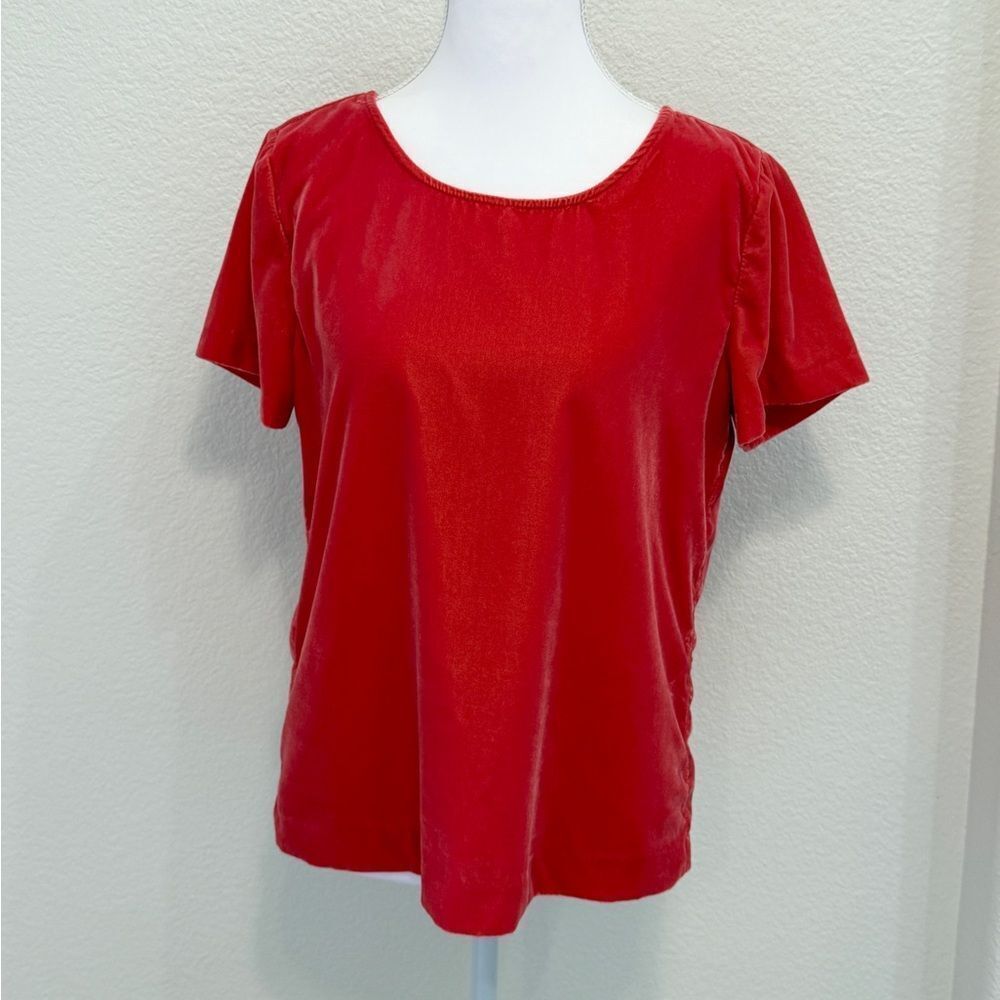 J.Crew Coral Red Velvet Short‎ Sleeve Keyhole Back Top XS
